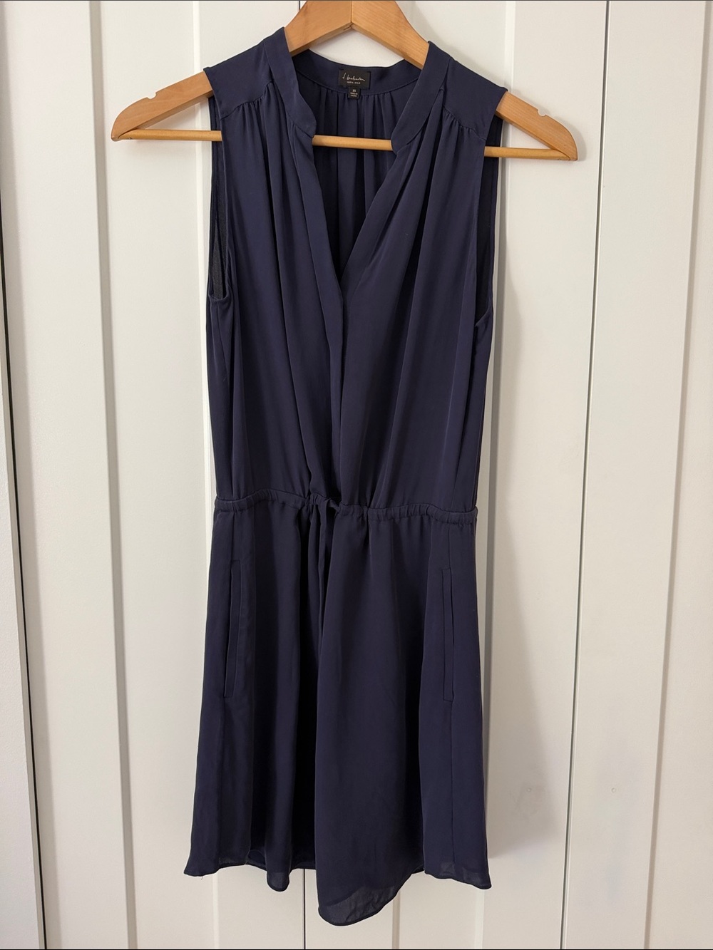 Silk Sleeveless Navy Drawstring Waist Dress with flat pockets